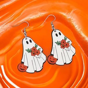 White Ghost Pumpkin Pattern Dangle Halloween‎ Earrings Wooden Jewelry